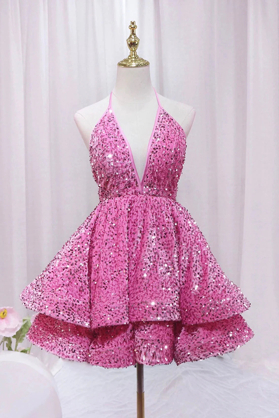 women's solid color dressesPink V-Neck Sequins Short Prom Dress, Pink A-Line Backless Party Dress MD7410