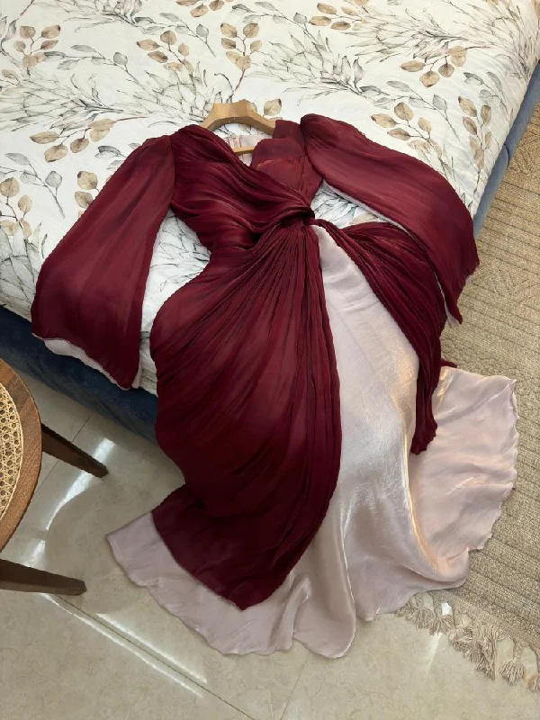 Zipper DressModest Burgundy Long Sleeves A-Line Chiffon Long Evening Party Dress MD7379