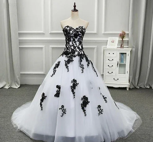 Custom DressStrapless Beautiful White and Black Long Prom Dress Ball Gown Wedding Dress MD7176