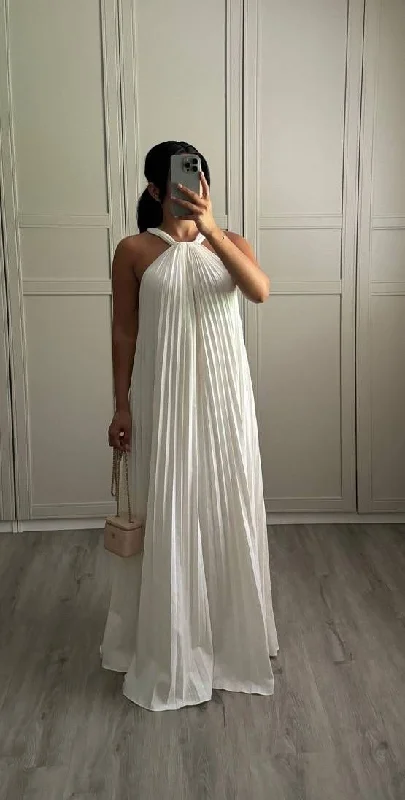 women's handmade dressesWhite Halter A-Line Pleated Long Party Dress Fashion Dress for Women MD7346