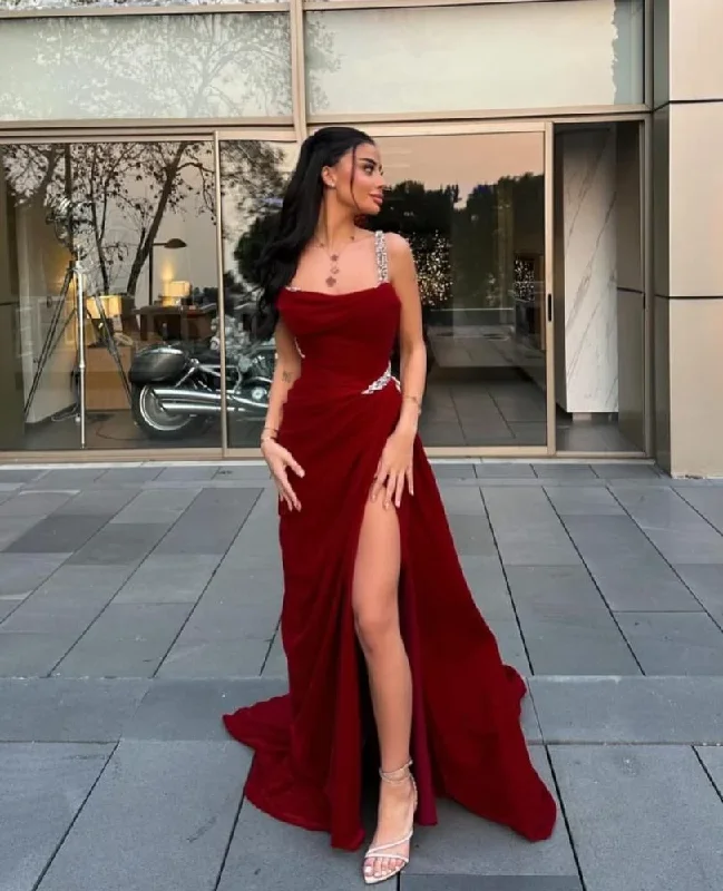 Custom DressWine Red Spaghetti Straps Sheath Long Evening Party Dress MD7367