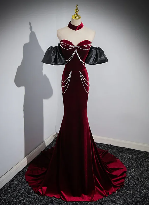 women's A-line dressesWine Red Sweetheart Velvet Mermaid Long Formal Party Dress MD7359