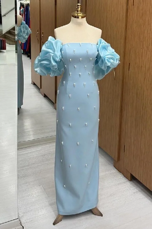 Cold-Shoulder DressLight Blue Strapless Sheath Satin Beading Long Evening Party Dress MD7382