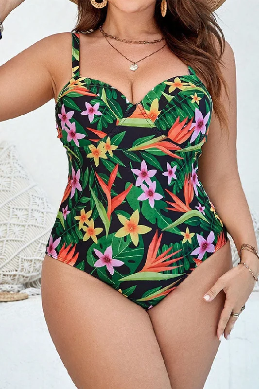 Breathable Female SwimwearPlus Size Floral Print Adjustable Shoulder Strap One Piece Swimsuit