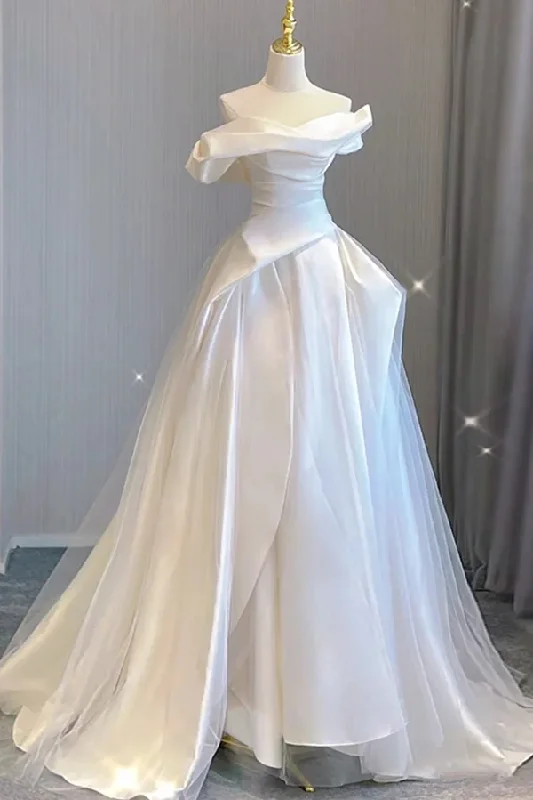 Sequined DressWhite Off Shoulder A-Line Tulle Satin Wedding Dress Birthday Gown MD7598