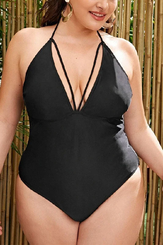 Comfy Kaftan FemalePlus Size Black Halter Spegatti Strap One Piece Swimsuit