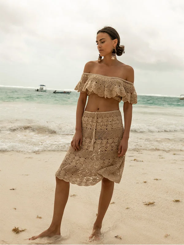 Cover-Up Female SwimwearCrochet Filigree Off Shoulder Top - Gold