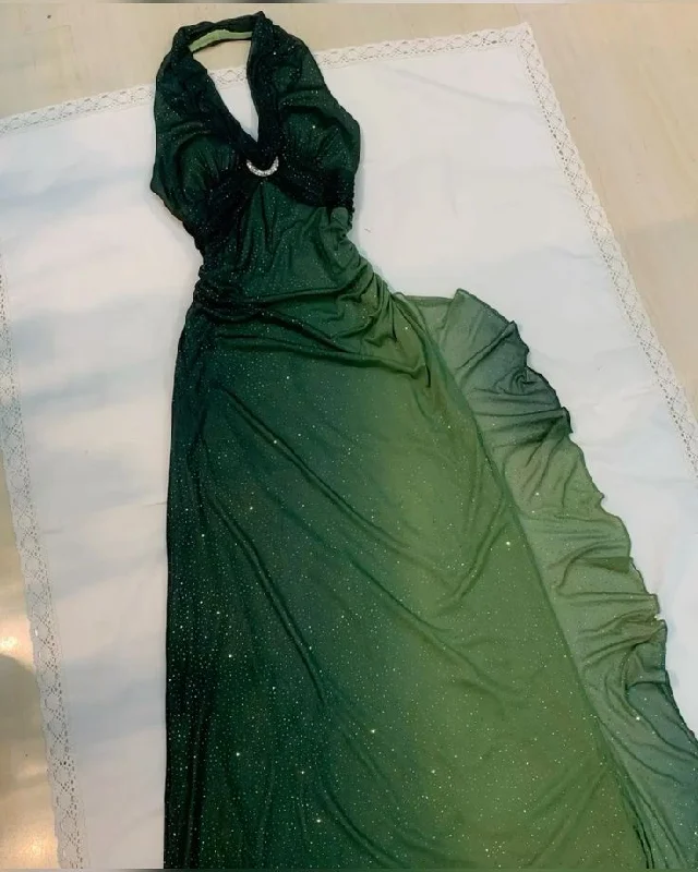 women's sleeveless dressesGreen Halter Chiffon Shiny Vintage Long Party Dress Prom Gown MD7408