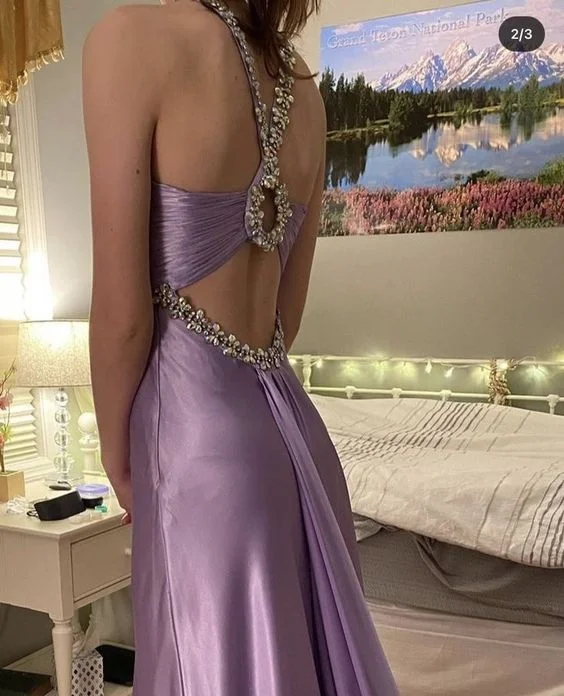 Short-Sleeve DressElegant Purple Beading A-Line Long Formal Party Dress Birthday Dress MD7332