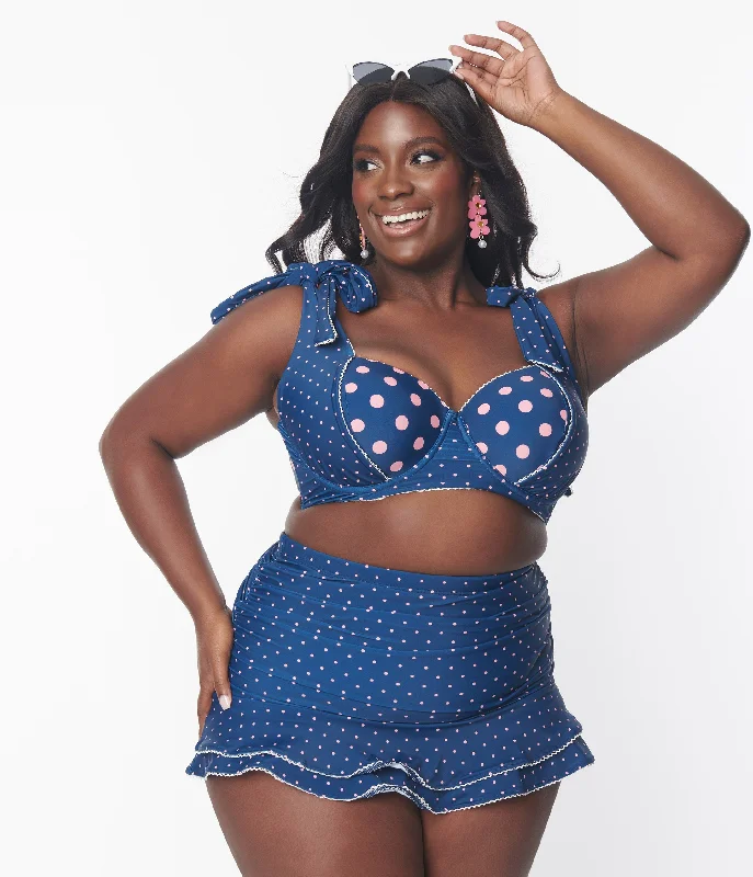 Tankini Female SwimwearUnique Vintage Plus Size Navy & Pink Pin Dot Totally Tied Up Swim Top