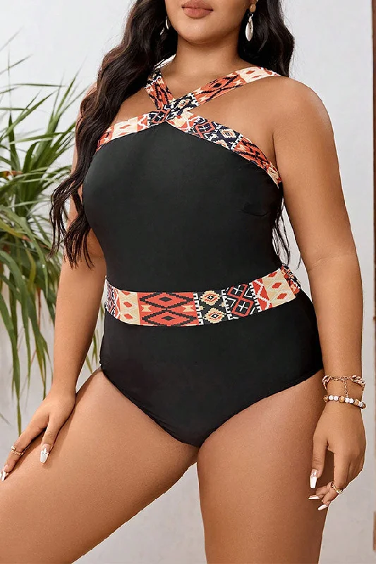 Bikini Set FemalePlus Size Black Geometry Pattern Wide Strap One Piece Swimsuit