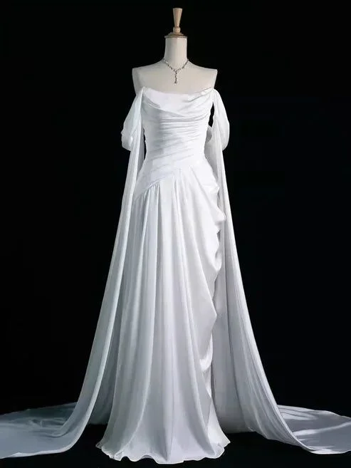 women's tall dressesWhite Off Shoulder A-Line Satin Long Formal Party Dress MD7352