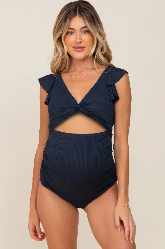 Mesh Female SwimwearNavy Blue Ribbed Cutout Flutter One Piece Maternity Swimsuit