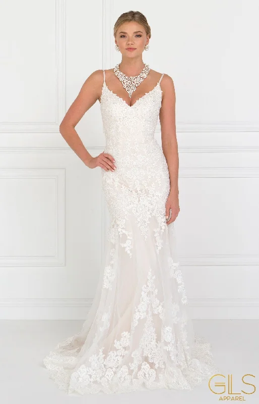 Plunging Neckline DressLong Lace Ivory V-Neck Wedding Dress by Elizabeth K GL1515