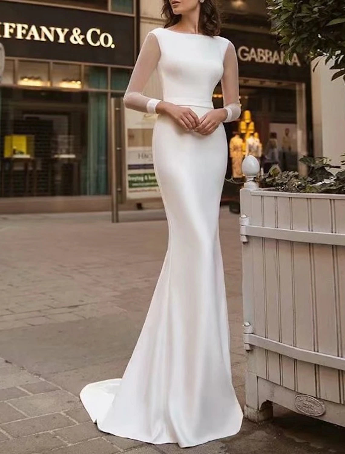 women's bodycon dressesDingJiDress Reception Royal Style Simple Wedding Dresses Mermaid / Trumpet Scoop Neck Long Sleeve Sweep / Brush Train Satin Bridal Gowns With Solid Color Summer Wedding Party dress to impress Fall Wedding