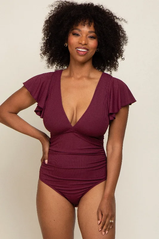 Ruffle-Trimmed Female SwimwearPlum Deep V-Neck Flounce One Piece Swimsuit