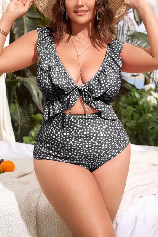 Matching Swimwear Set FemalePlus Size Floral Print V Neck Ruffle Ruching Cut Out One Piece Swimsuit