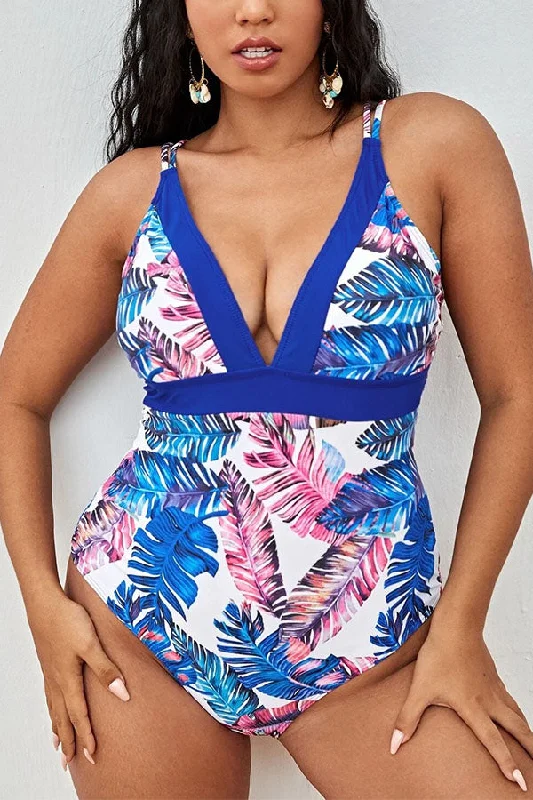 Sweetheart One-Piece FemalePlus Size Leaves V neck Cirss Cross One Piece Swimsuit