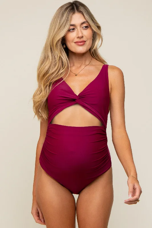 Laced-Up Female SwimwearPlum Ruched Sides Front Cutout Maternity One Piece Swimsuit