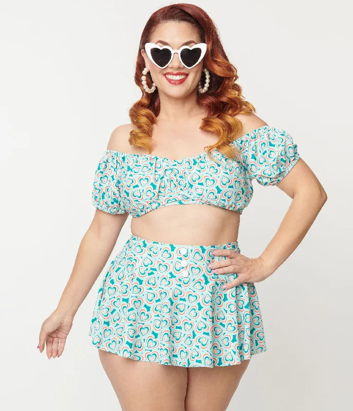 Chic Female SwimwearUnique Vintage Plus Size 1940s Turquoise Retro Hearts Off The Shoulder Swim Top