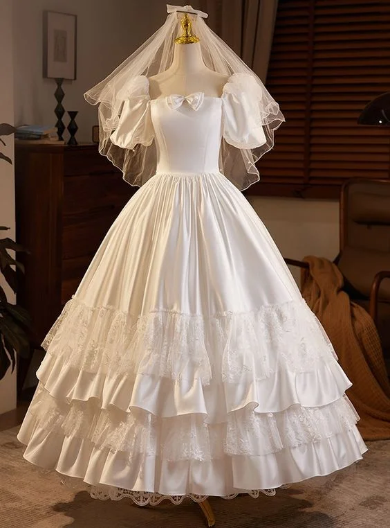 Zip-Up DressWhite A-Line Satin Lace Long Wedding Dress with Short Sleeves MD7324