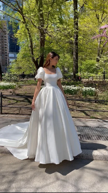 Ribbon DressWhite A-Line Short Sleeves Satin Elegant Long Wedding Dress MD7510