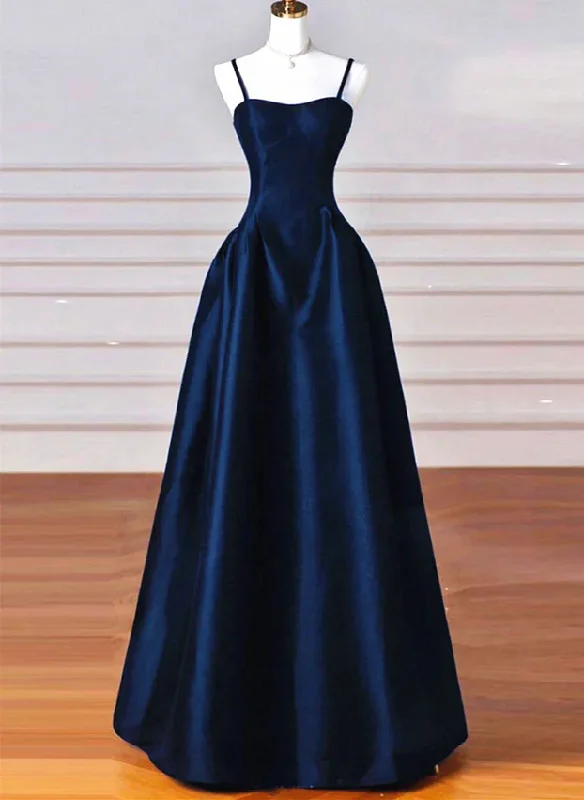 Cocktail DressNavy Blue Spaghetti Straps A-Line Satin Long Formal Party Dress MD7338