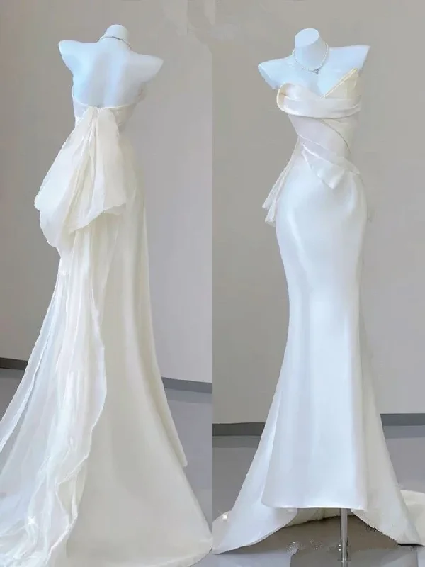 High-Neck DressWhite Strapless Satin Mermaid Long Wedding Dress Birthday Outfits MD7507