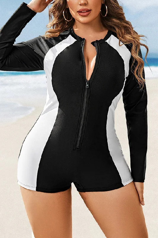 Active Female SwimwearPlus Size Long Sleeves Color Block Zipper One Piece Swimsuit