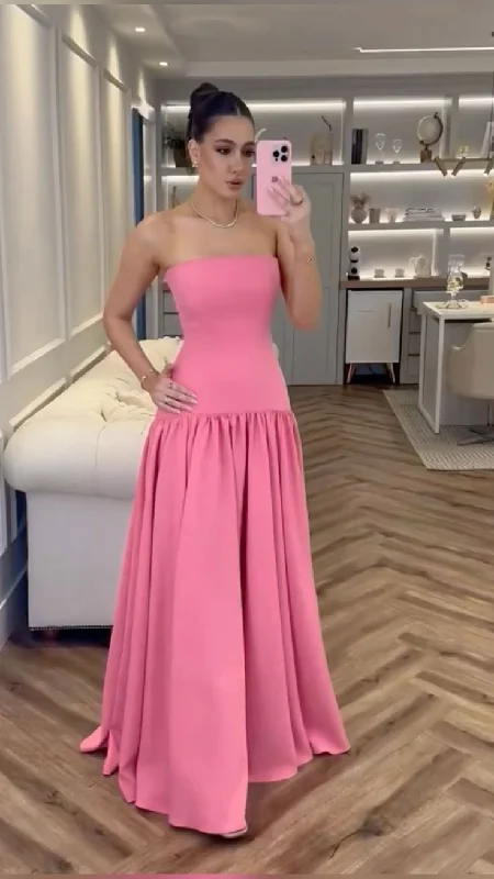 Flowy DressElegant Pink Strapless A-Line Long Party Dress Wedding Guest Dress MD7317