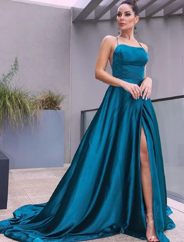 women's lace dressesA-Line Prom Dresses Beautiful Back Dress Party Wear Court Sleeveless Strap Satin with Slit