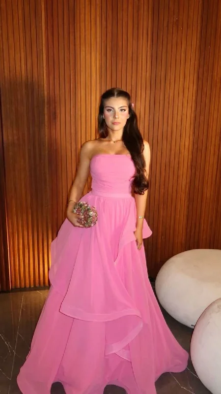 Retro DressElegant Pink Strapless A-Line Ruffles Long Formal Party Dress MD7365