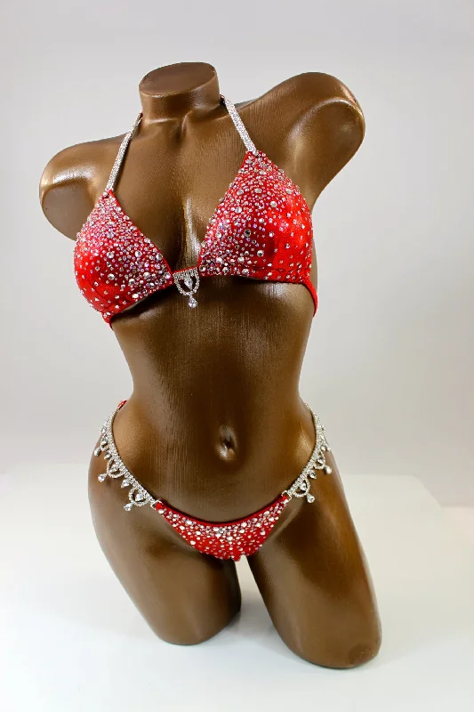 Halter Female SwimwearBright Red Holographic Spandex Bikini Suit