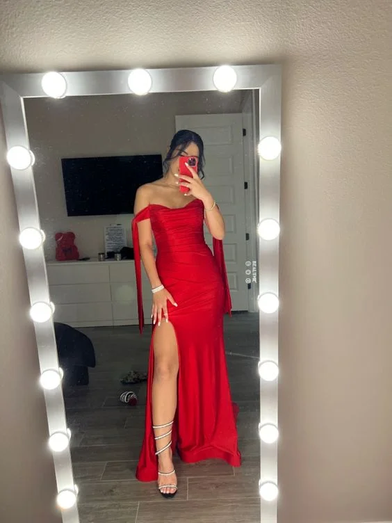 Silk DressRed Off Shoulder Sheath Satin Long Party Dress with Split MD7378