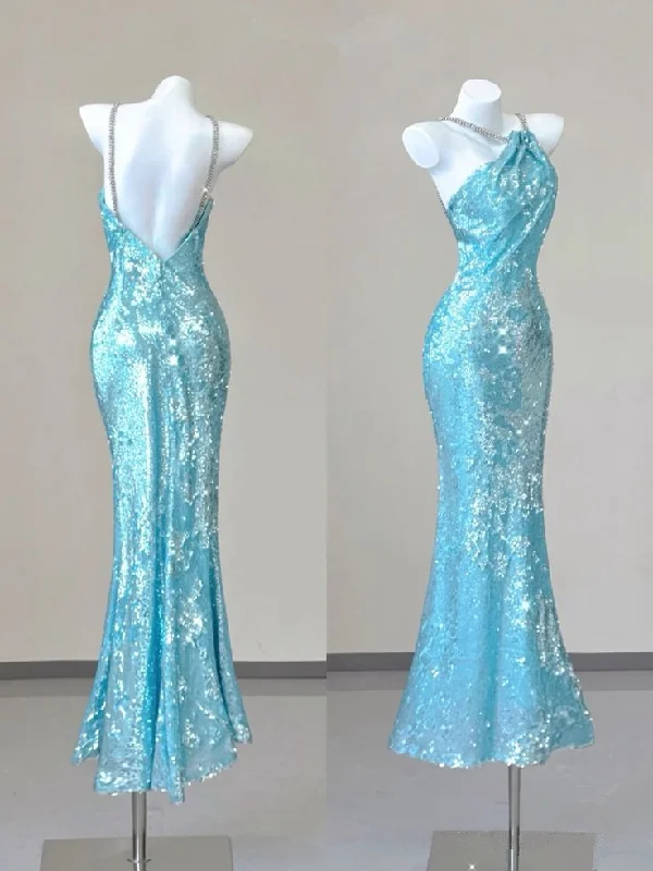 Tulle DressIce Blue Halter Open Back Sequins Sheath Long Party Dress Birthday Outfits MD7377