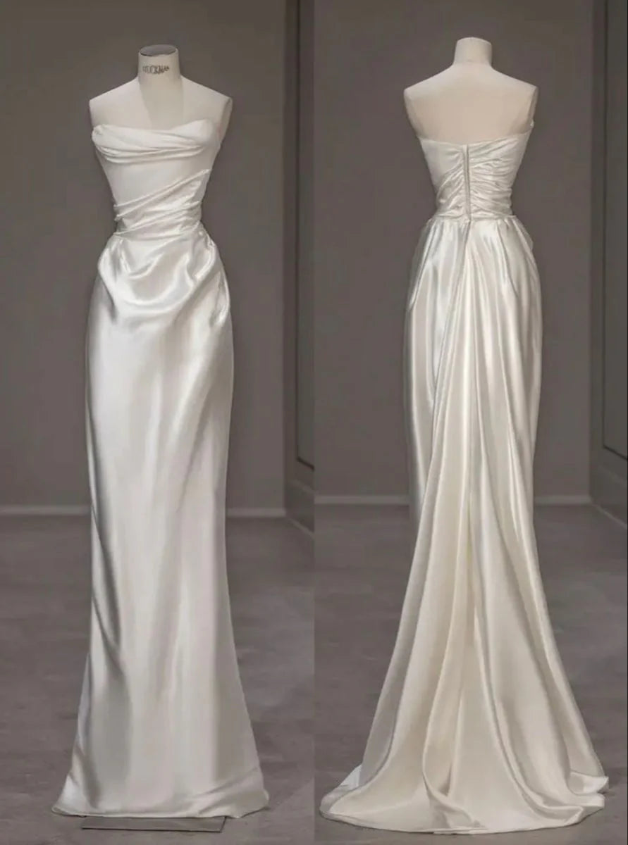 Organza DressStrapless White Sheath Satin Wedding Dress Formal Evening Gown MD7679