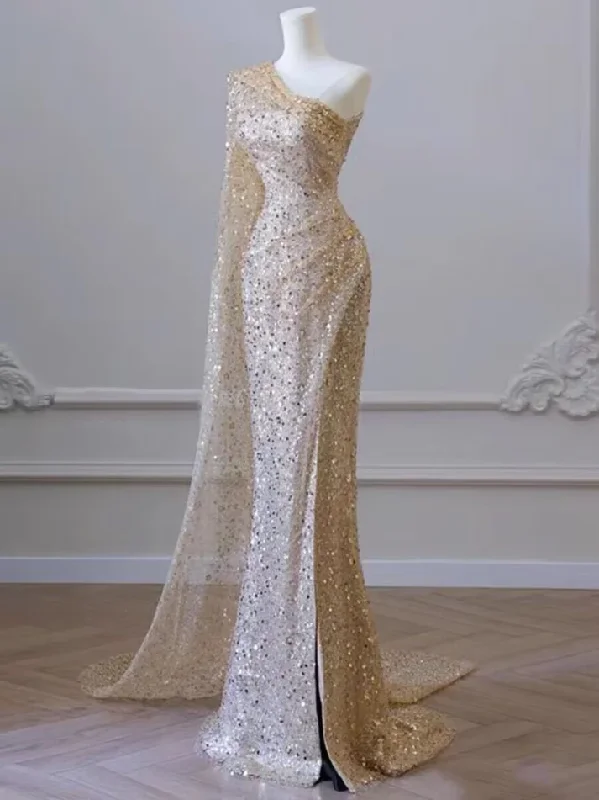 Floor-Length DressChampagne One Shoulder Sequins Mermaid Long Formal Party Dress MD7386