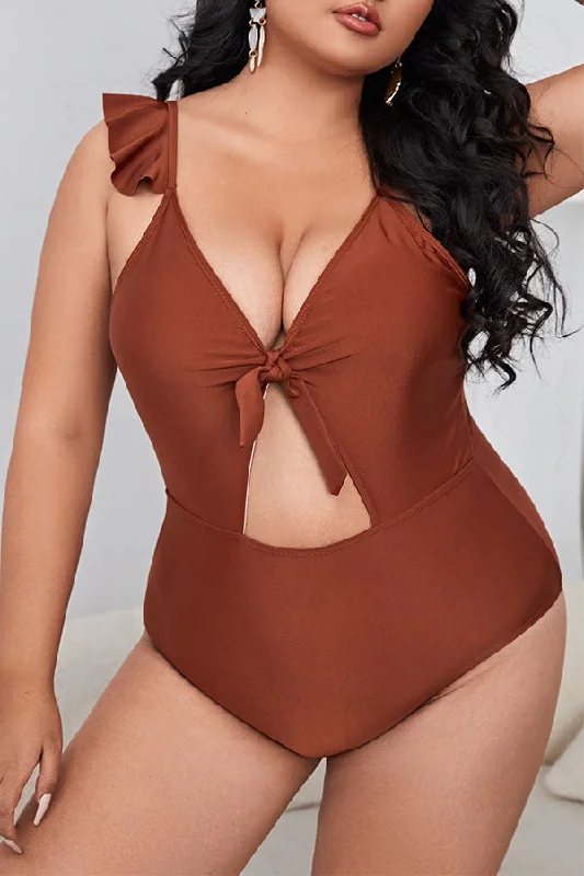 Flowy Skirt FemalePlus Size Brown Solid Color Cut Out One Piece Swimsuit