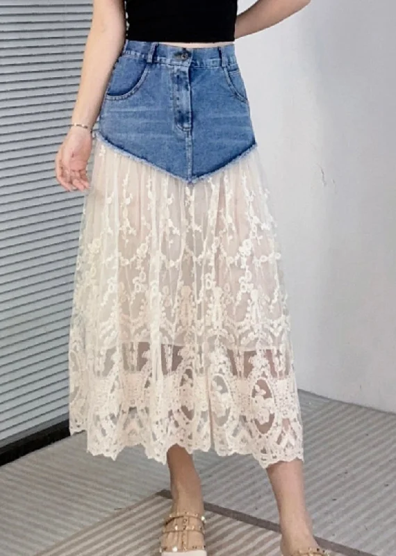 women's denim midi skirtsBeige Pockets Lace Patchwork Style Denim Skirts Summer