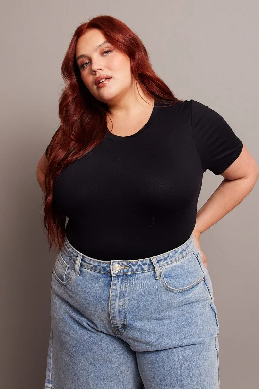 women's tops for those who value both quality and affordabilityBlack Bodysuit Short Sleeve Crew Neck Supersoft