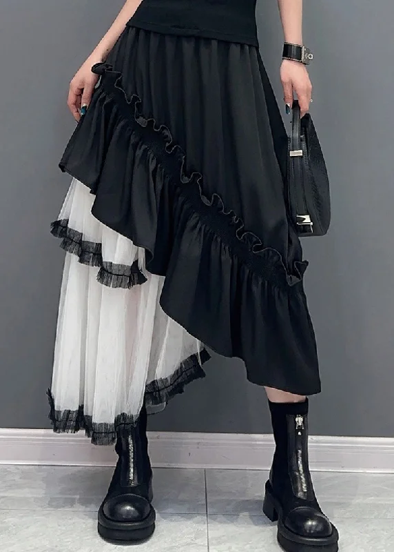 women's crochet skirtsBlack Patchwork Tulle Skirts Ruffled Asymmetrical Summer