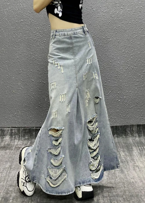 women's denim midi skirtsChic Light Blue Pockets High Waist Denim Skirt Summer