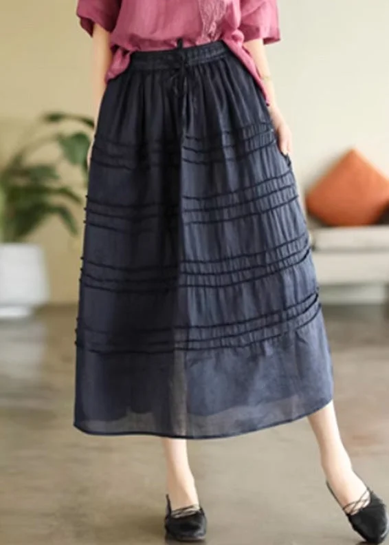 women's striped tulip skirtsCute Dark Blue Patchwork Elastic Waist Ramie A Line Skirts