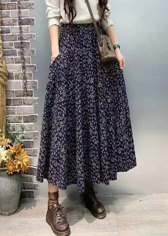 women's fall maxi skirtsElegant Navy Pockets Elastic Waist Cotton Skirt Fall