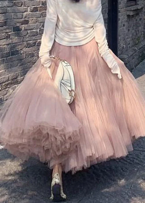 women's velvet wrap skirts for elegant eveningsElegant Pink Wrinkled High Waist Tulle Skirt