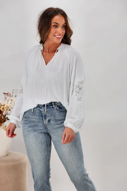 women's tops for those who want to stay on top of the latest fashion trends and wear pieces that are both stylish and on-trendFate Unholy Embroidered Sleeve Top White