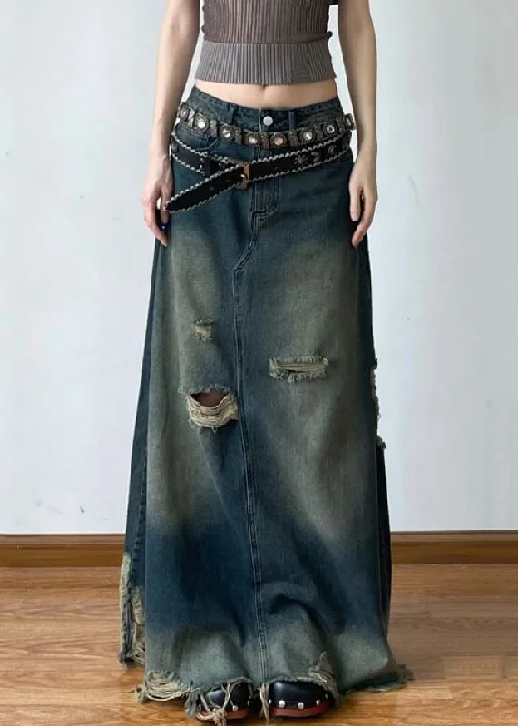 women's flowy skirtsFrench Blue Hole High Waist Denim Maxi Skirts Summer