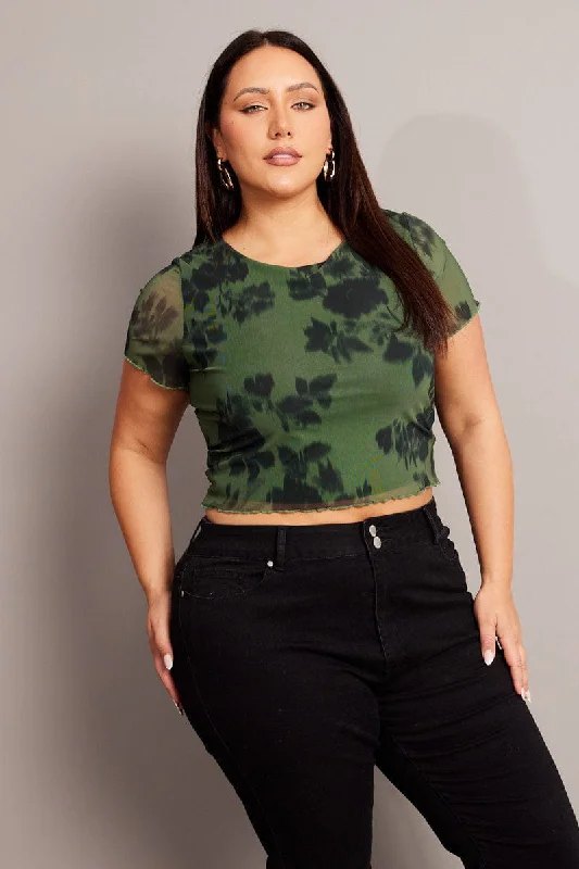 women's tops for those who love bold and vibrant colorsGreen Floral Mesh Top Short Sleeve Crew Neck