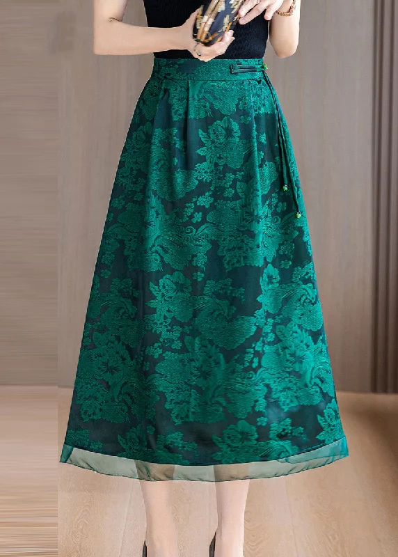 women's mini skirtsGreen Print Silk A Line Skirts Tasseled Summer