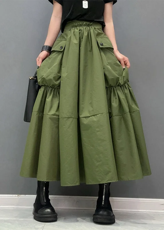 women's timeless satin skirtsNatural Army Green Patchwork Pockets Elastic Waist Skirts Summer